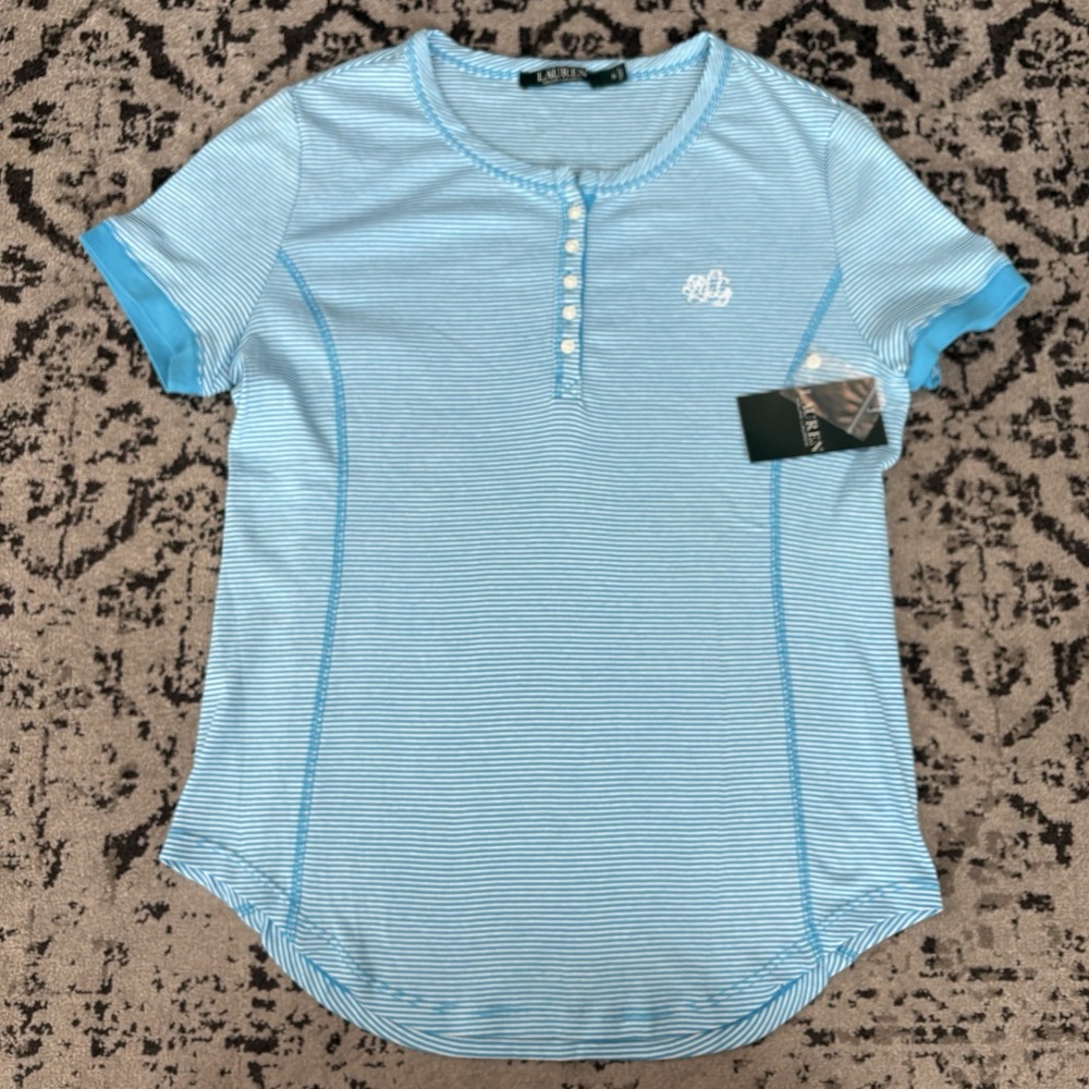 LRL Ralph Lauren Womens S Top Henley Teal Stripe Lightweight Cotton Preppy Mom